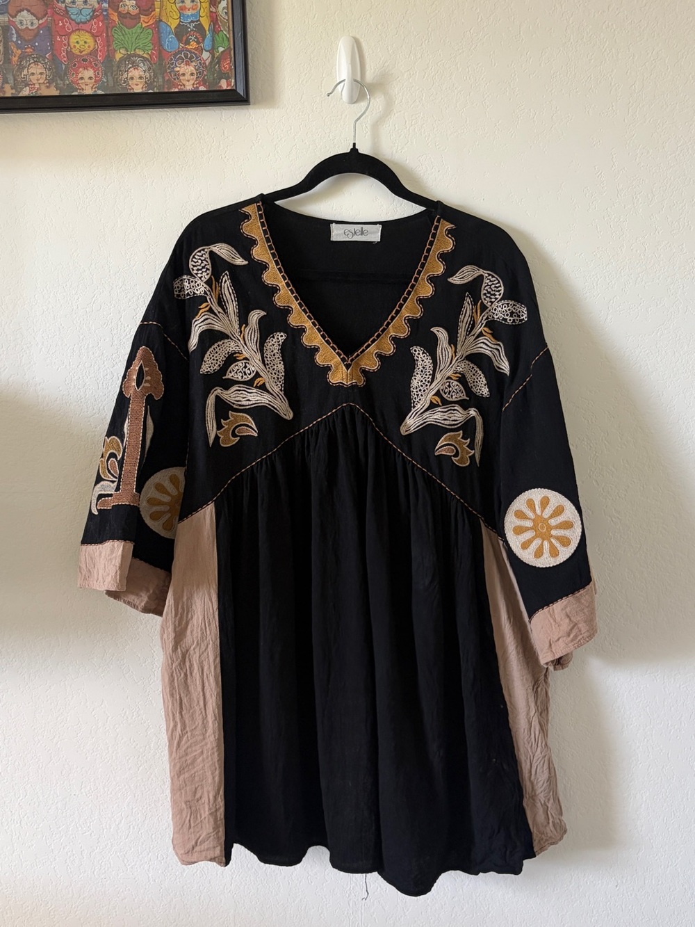 Estelle Boho Embroidered Black Linen Tunic Dress Pockets Oversized L